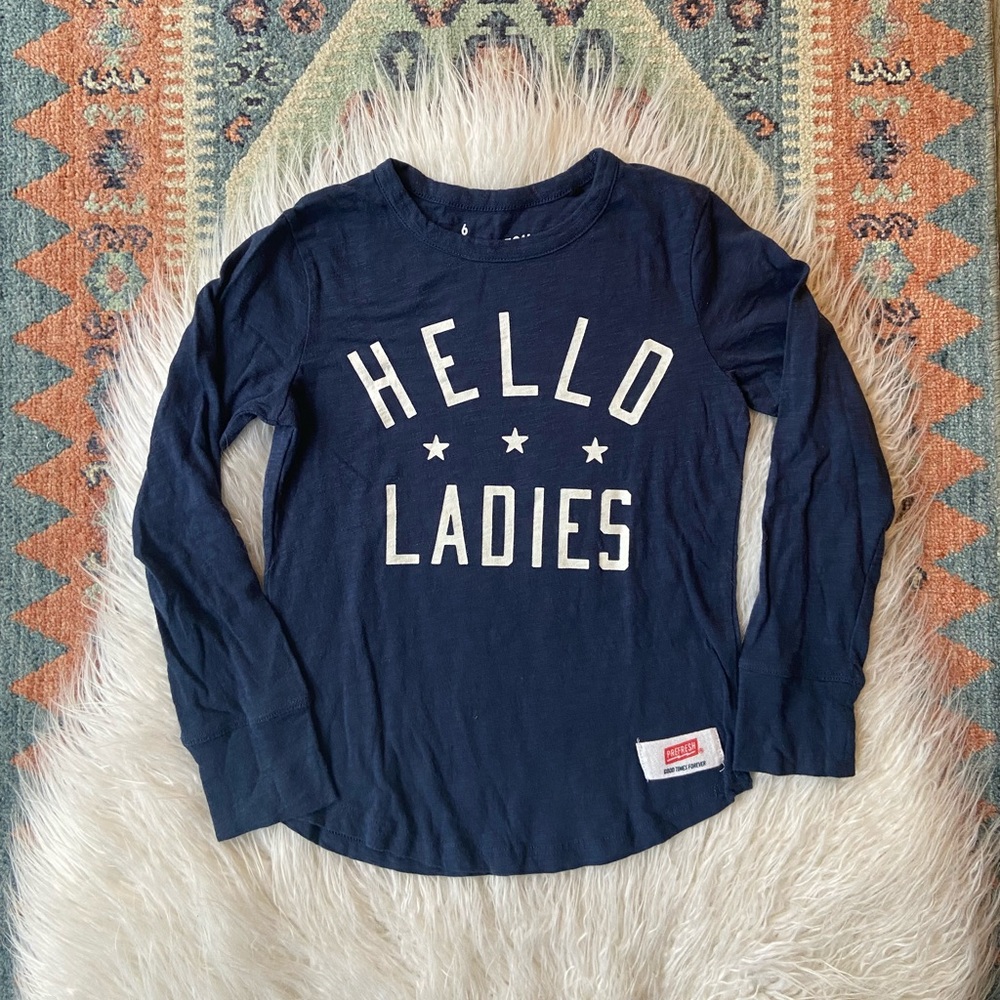 Prefresh long sleeve graphic tee “hello ladies” navy blue boys size 6